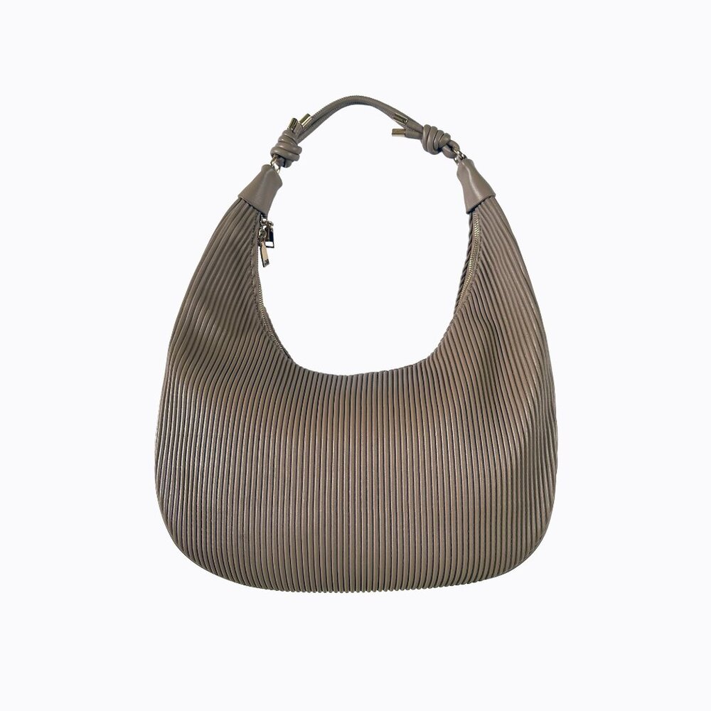 Textured Hobo Shoulder Bag Vegan Leather Taupe Y2K Boho Futuristic Clean Lines